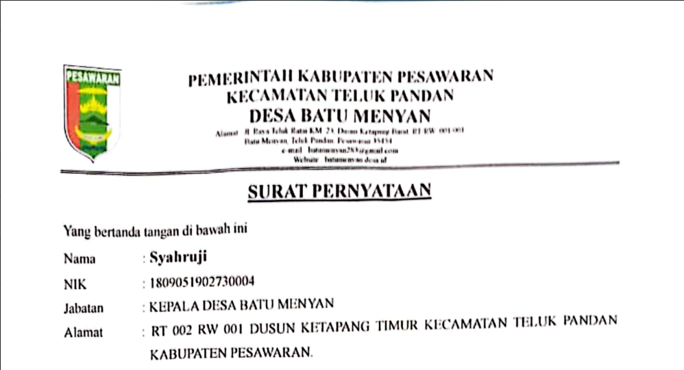 Surat Pernyataan Kepala Desa